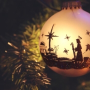 A Christmas Bauble of a tree depicting Jesus in Bethlehem