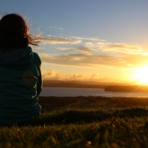 a clairvoyant looking over a sunset whilst stood in a field