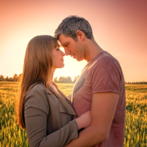 A man and a woman looking at each other touching noses in the sunset