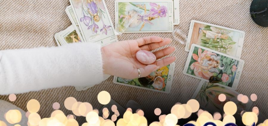 A Psychic reader with tarot cards. 2024 being displayed in the corner.