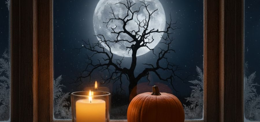 A candle lit windowsill and a pumpkin with a silhouette of a tree and a full moon